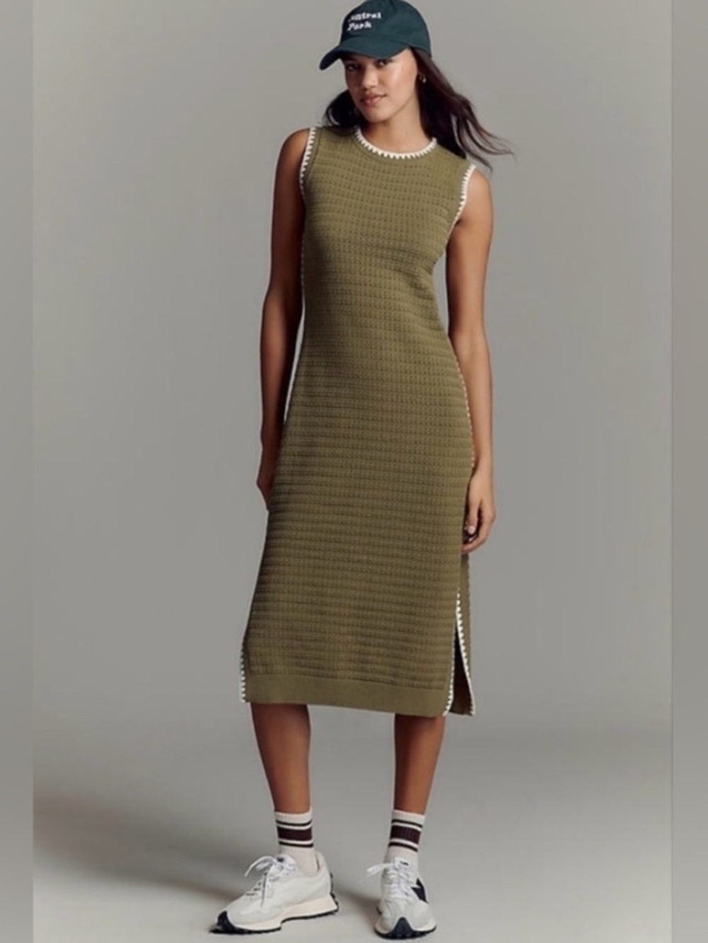 Varley Dwight Knit Midi Dress Olive Green White Trim Size Extra Small